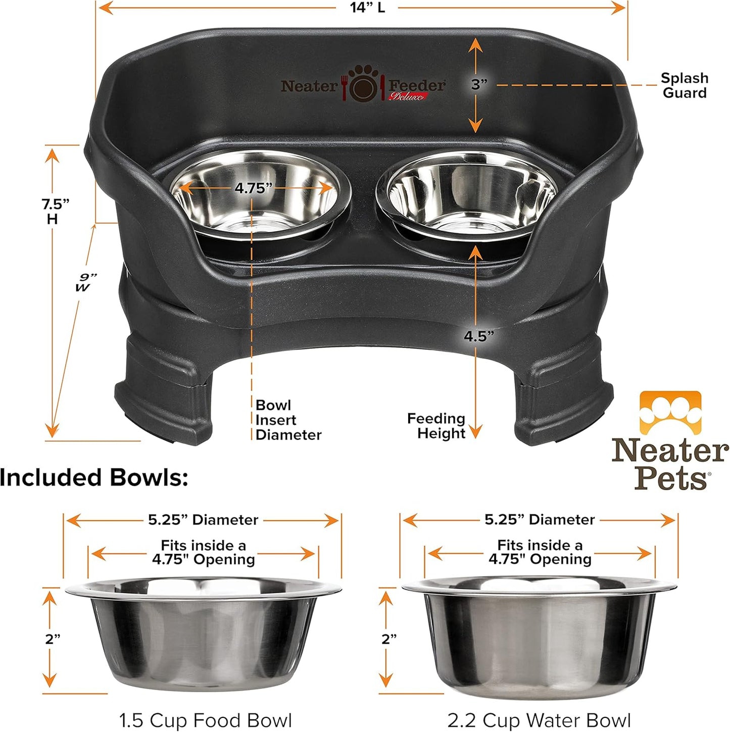 Neater Feeder Deluxe with Leg Extensions (Small, Midnight Black)